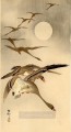 Ocho gansos de frente blanca en vuelo de luna llena detrás de Ohara Koson Shin hanga